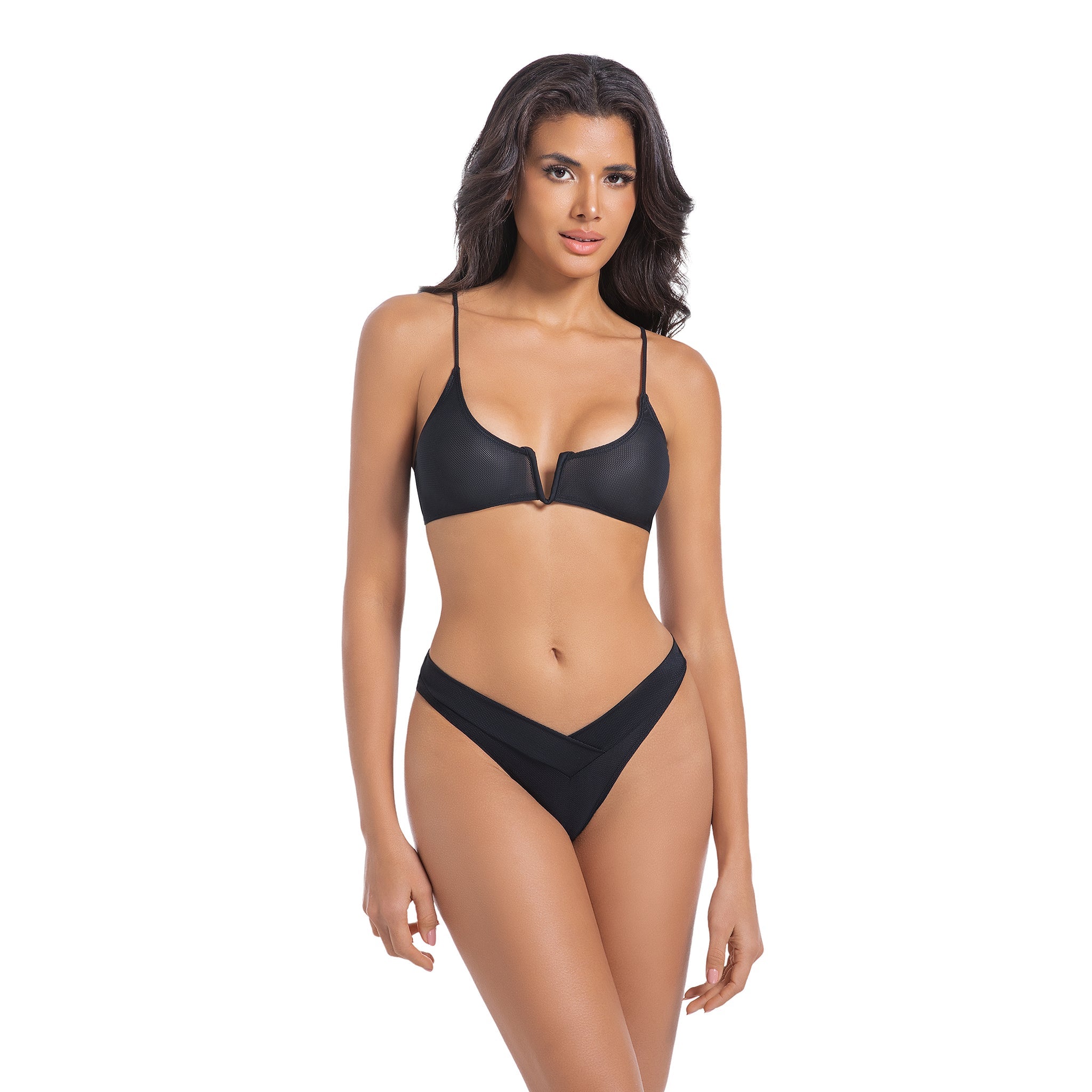 Tan Through Bikini Set Minimise Tan Lines - Sun Permeable Two Piece Swimsuit - Back Bow Tie Cut-out Spaghetti Strap Bathing Suit, Onyx Black