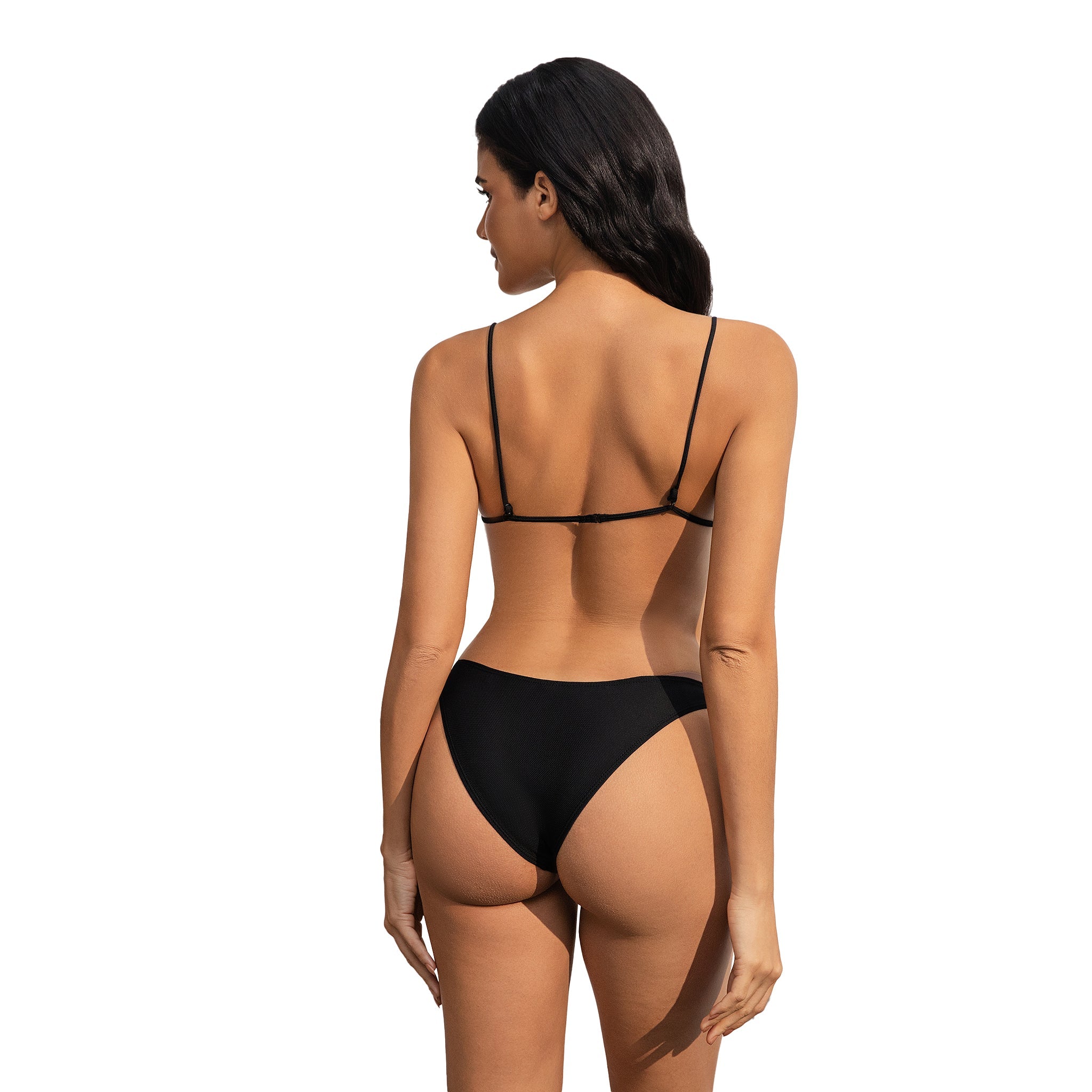 Tan Through Bikini Set - Minimise Tan Lines UV-Permeable Swimsuit - Two Piece Adjustable Spaghetti Strap Fixed Bottom Bathing Suit, Onyx Black