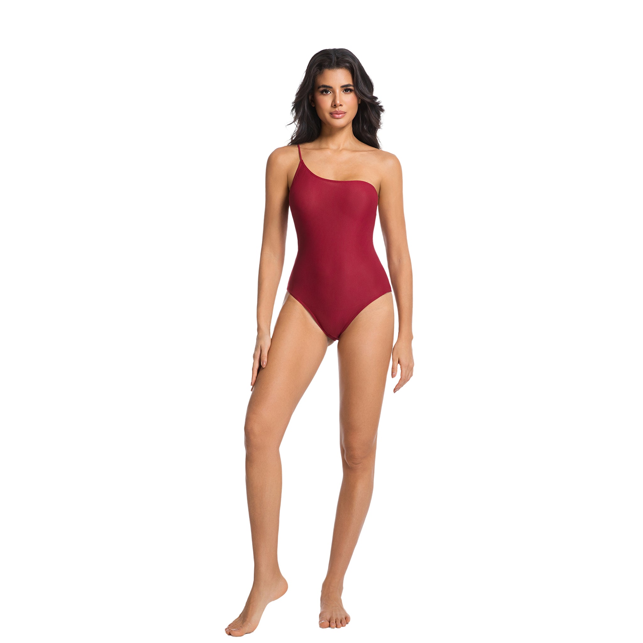 Women's Cherry Red Tan Through One Piece Swimsuit - One Shoulder Asymmetrical Bathing Suit - Minimise Tan Lines UV Permeable Woman Ribbed High Cut Swimwear