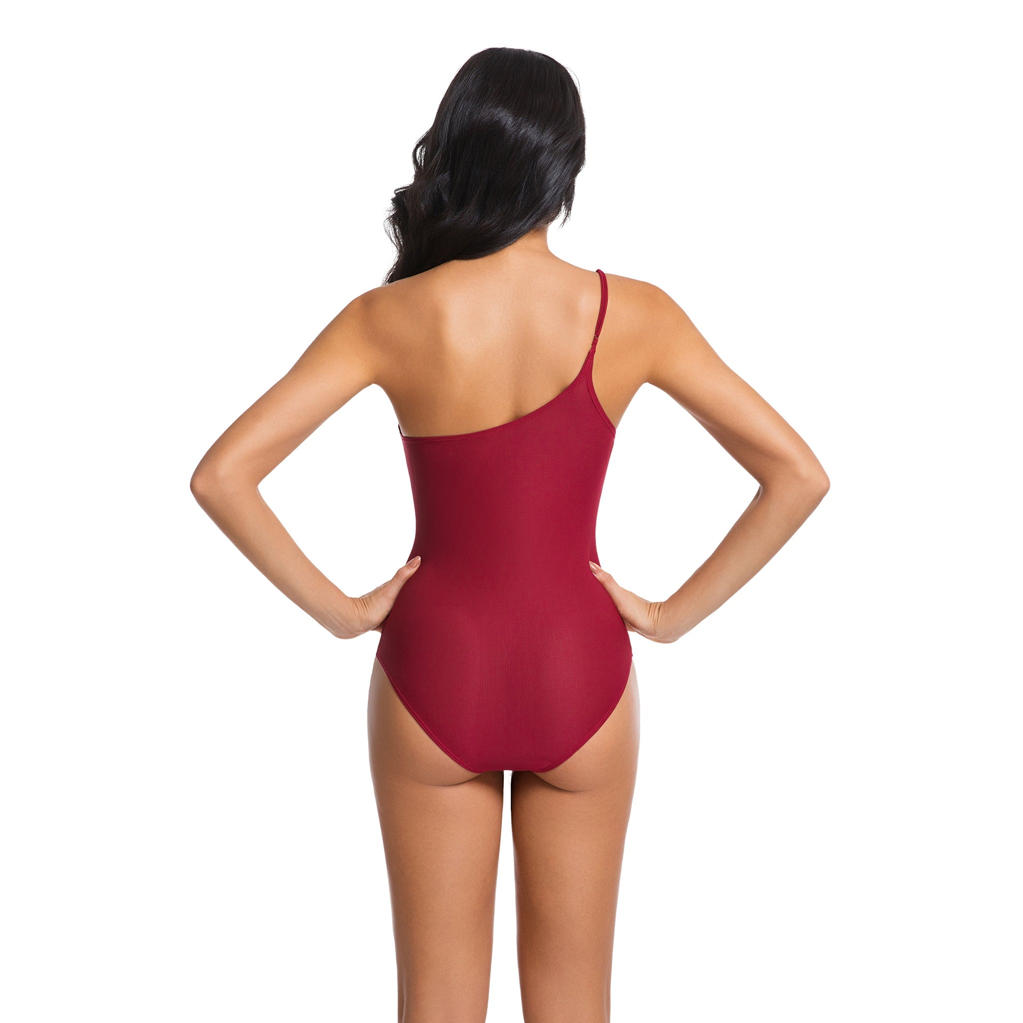 Women's Cherry Red Tan Through One Piece Swimsuit - One Shoulder Asymmetrical Bathing Suit - Minimise Tan Lines UV Permeable Woman Ribbed High Cut Swimwear