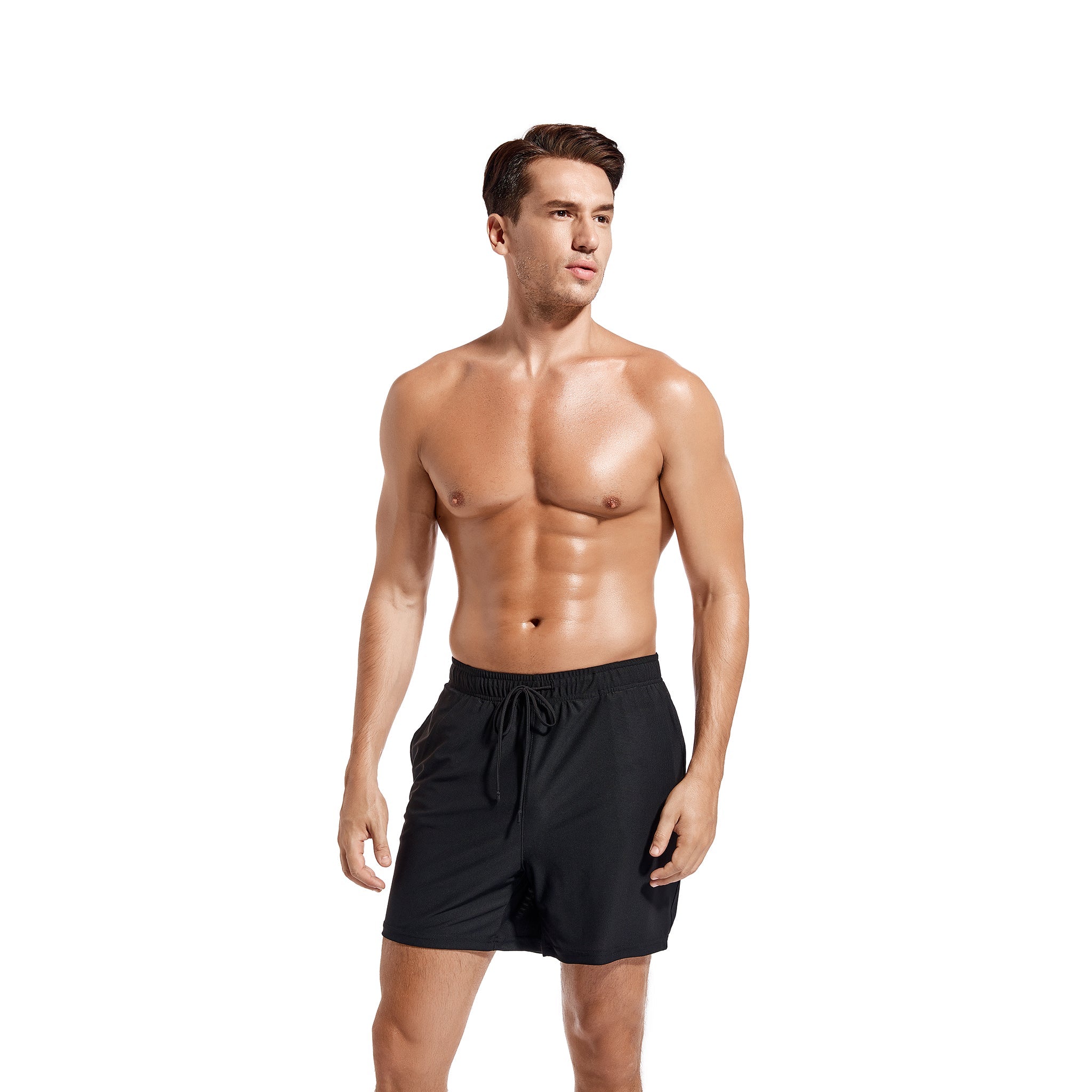 Men's Tan Through Swim Shorts - Sun-Permeable Mesh Beach Trunks - Quick Dry Breathable Summer Swimwear with Drawstring, Black