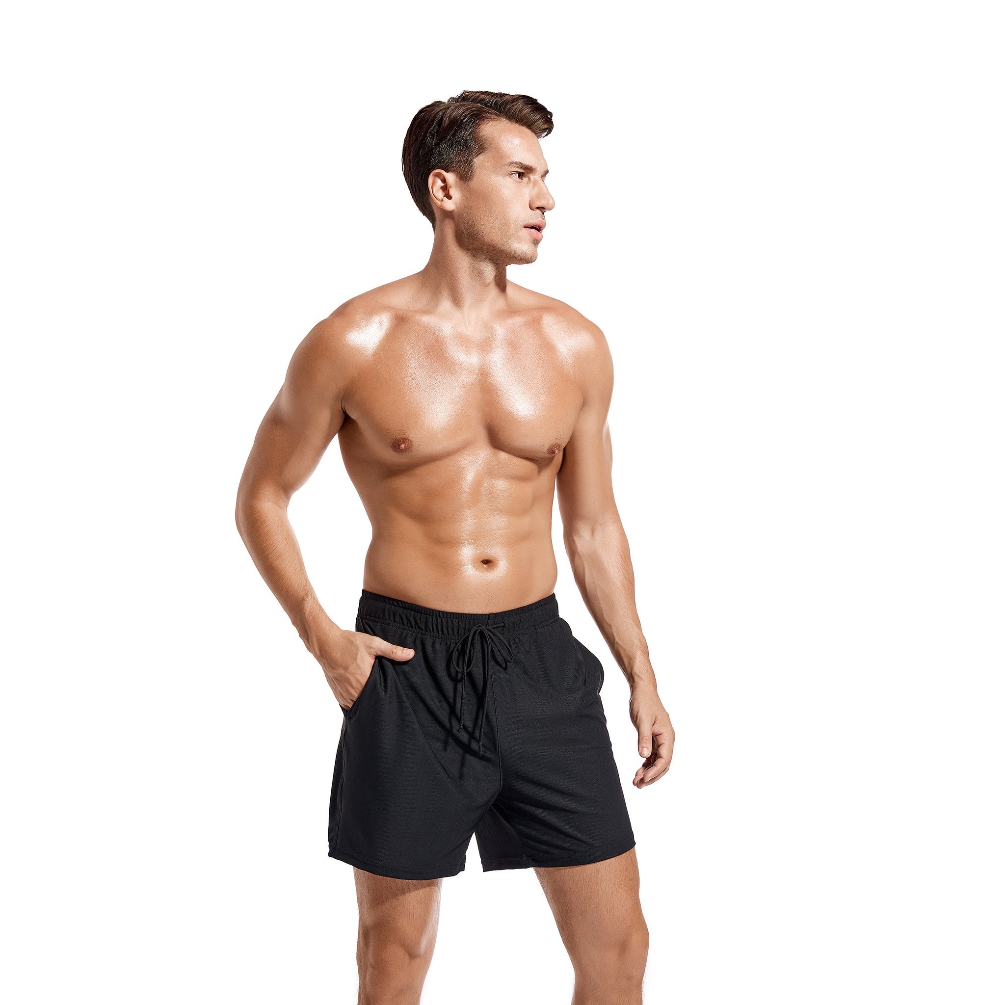 Men's Tan Through Swim Shorts - Sun-Permeable Mesh Beach Trunks - Quick Dry Breathable Summer Swimwear with Drawstring, Black