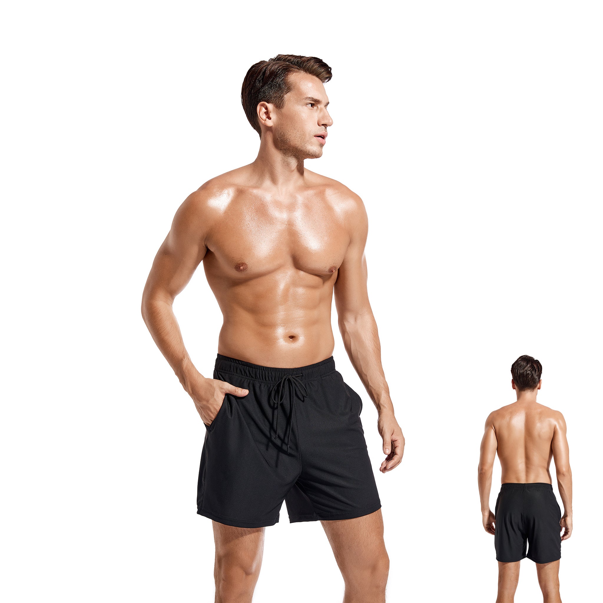 Men's Tan Through Swim Shorts - Sun-Permeable Mesh Beach Trunks - Quick Dry Breathable Summer Swimwear with Drawstring, Black