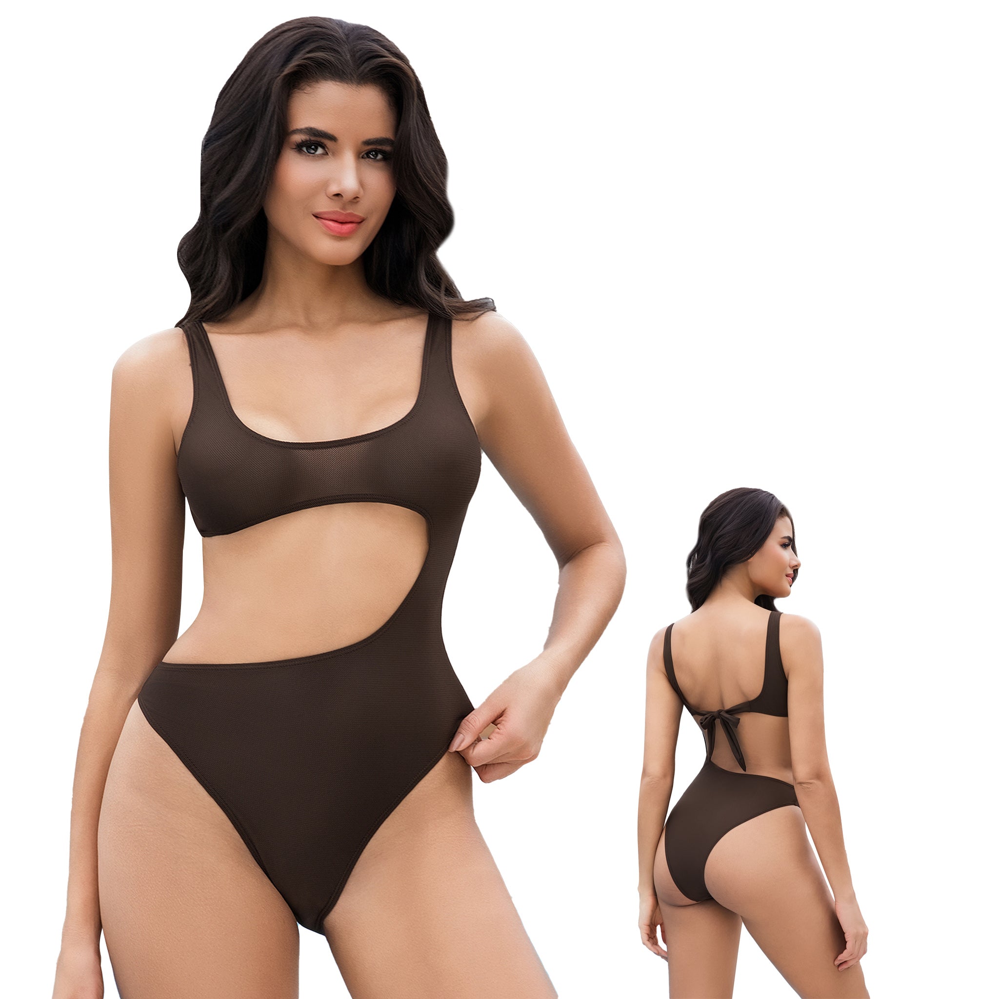 Women's Brown Tan Through One Piece Swimsuit - Asymmetrical Side Cutout Ribbed Monokini - Minimise Tan Lines UV Permeable Woman Scoop Neck High Leg Bathing Suit