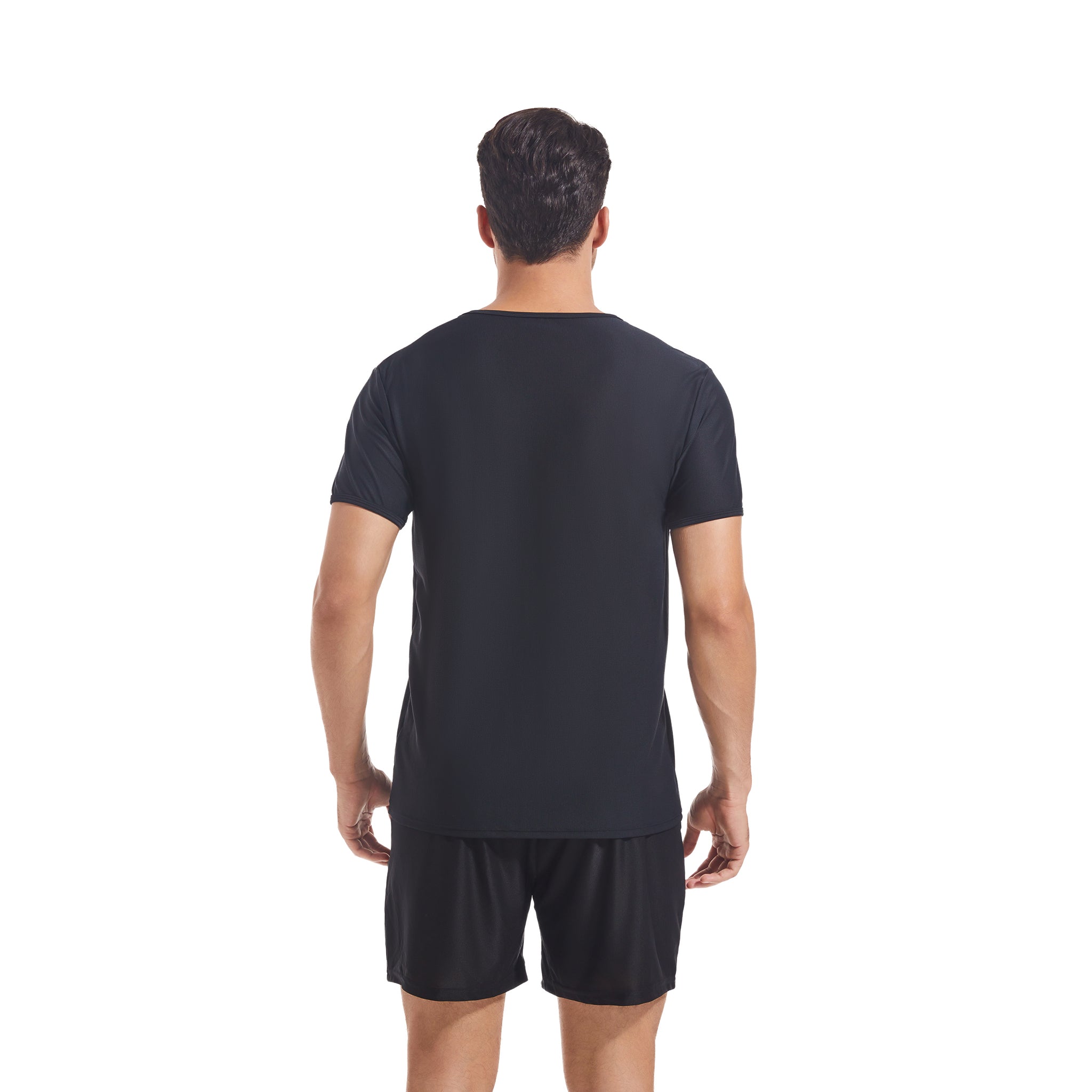 Men's Tan Through Black Round Neck T-shirt & Shorts - Sun-Permeable Minimise Tan Lines Mesh Gym & Beach Wear Set Male Poolside Sportswear Pocketed