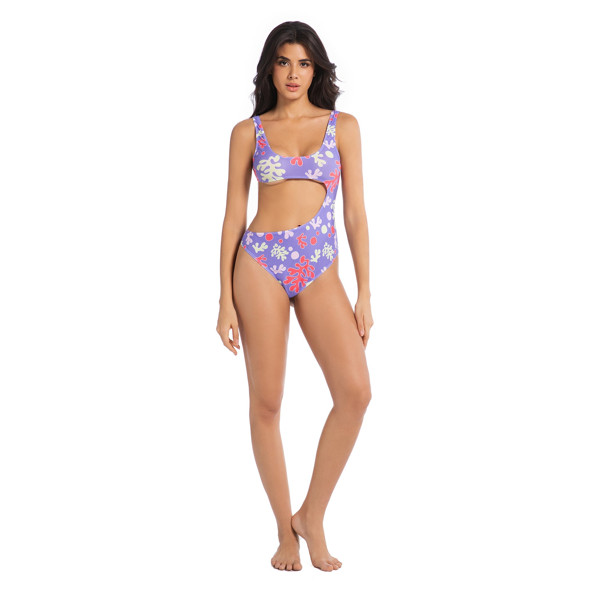 Patterned Tan Through One Piece Swimsuit for Women Coral Print - Minimise Tan Lines Asymmetrical Cutout Monokini - Ribbed High-Cut Cheeky Female Bathing Suit Woman's Beachwear