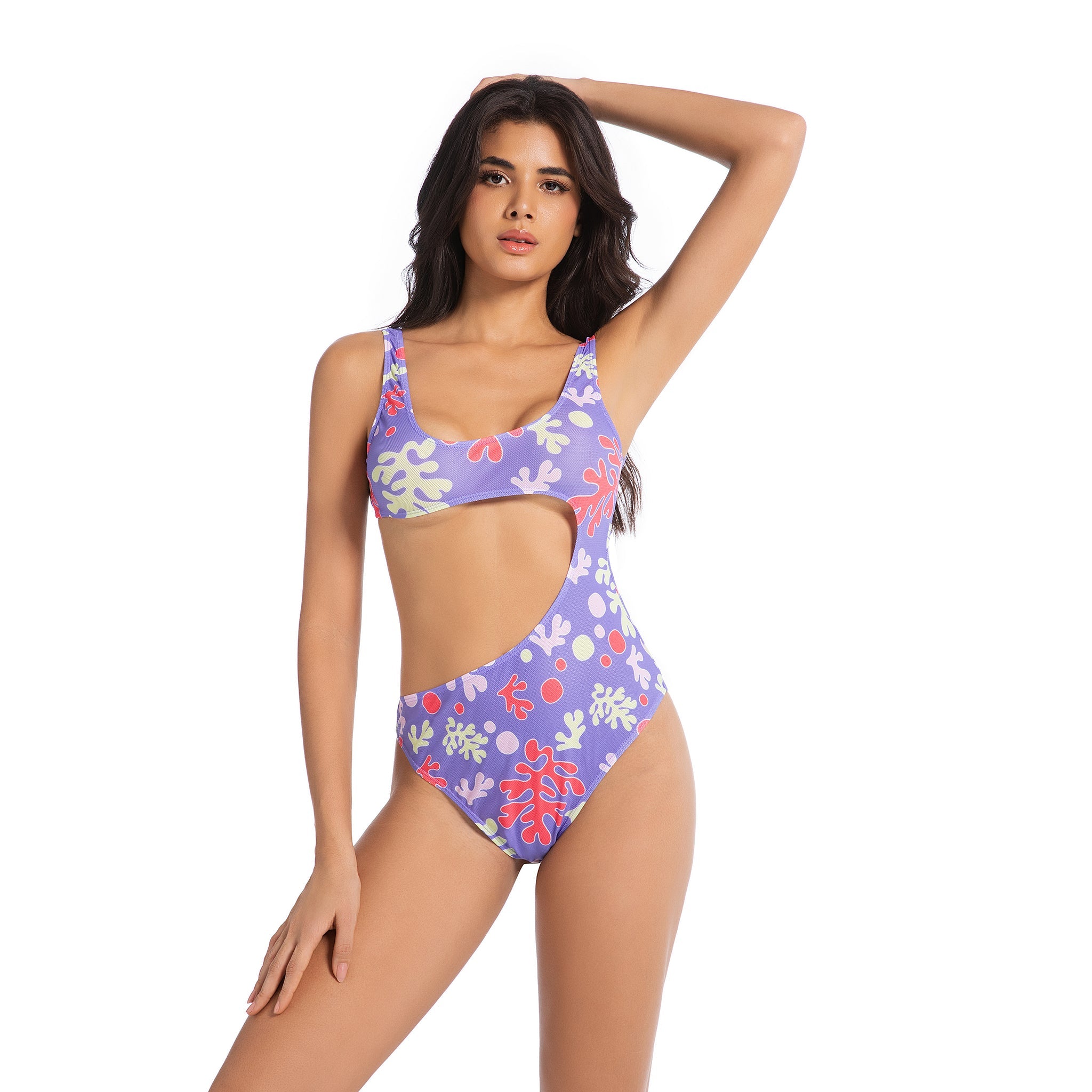 Patterned Tan Through One Piece Swimsuit for Women Coral Print - Minimise Tan Lines Asymmetrical Cutout Monokini - Ribbed High-Cut Cheeky Female Bathing Suit Woman's Beachwear