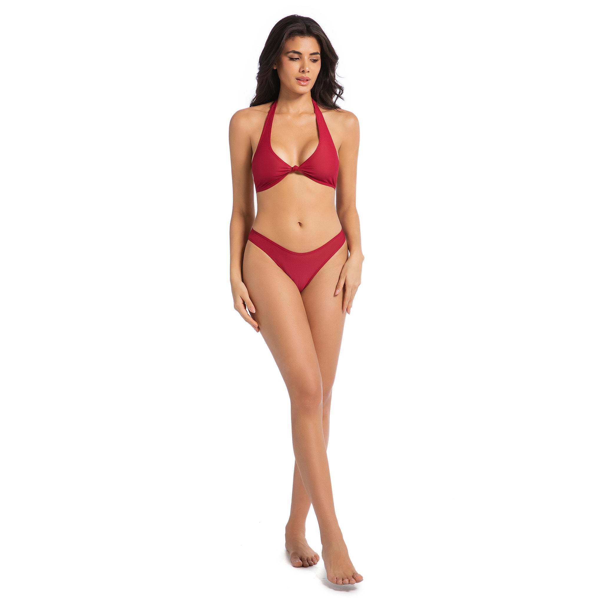 Minimise Tan Lines Tan Through Women's Bikini Set - Cherry Red UV Permeable Woman 2-Piece Swimsuit - Knot Front Halter Ribbed Mid Rise Bathing Suit