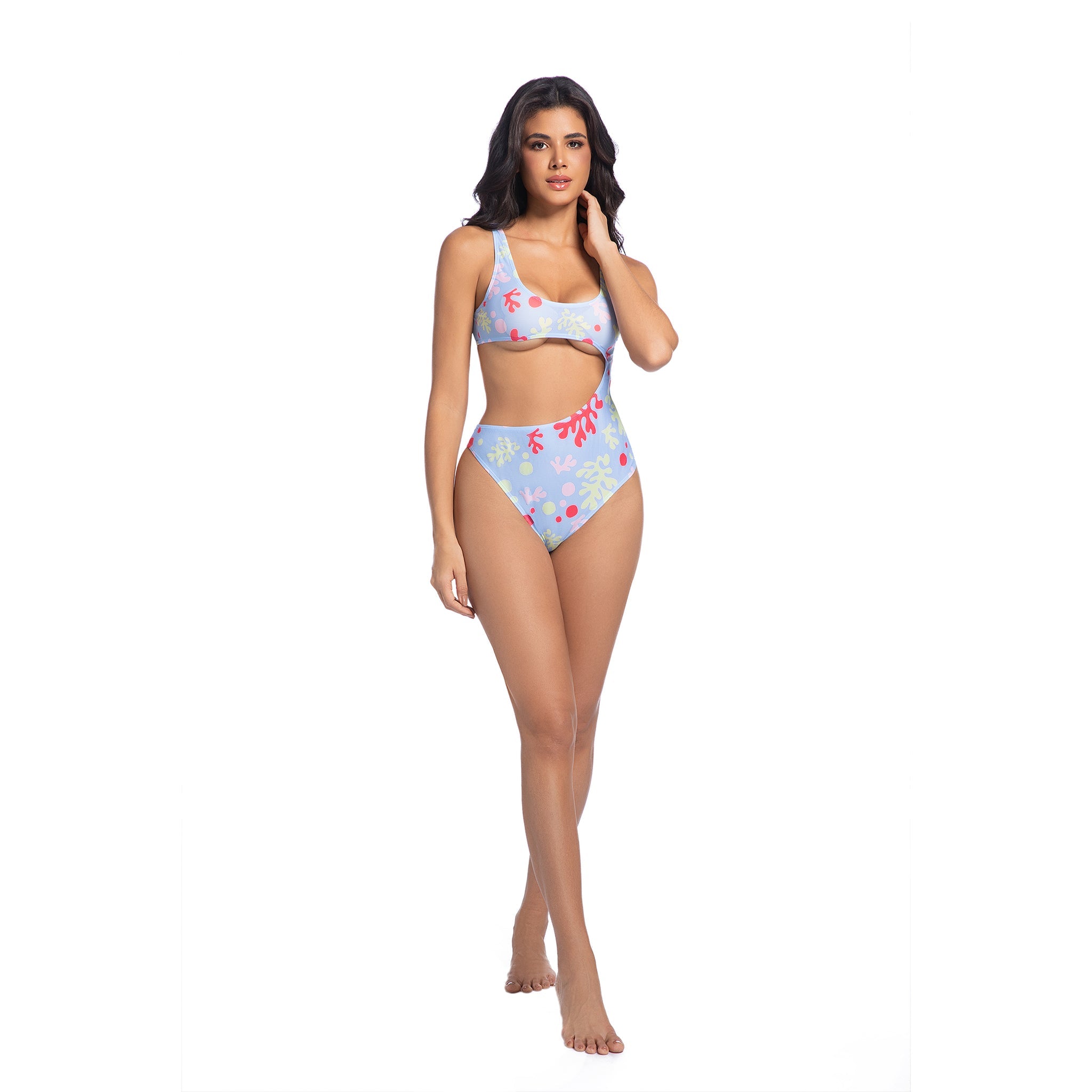 One Piece Swimsuit for Women Coral Print Patterned - Minimise Tan Lines Tan Through Asymmetrical Cutout Monokini - Female High-Cut Cheeky Ribbed Bathing Suit Woman's Beachwear