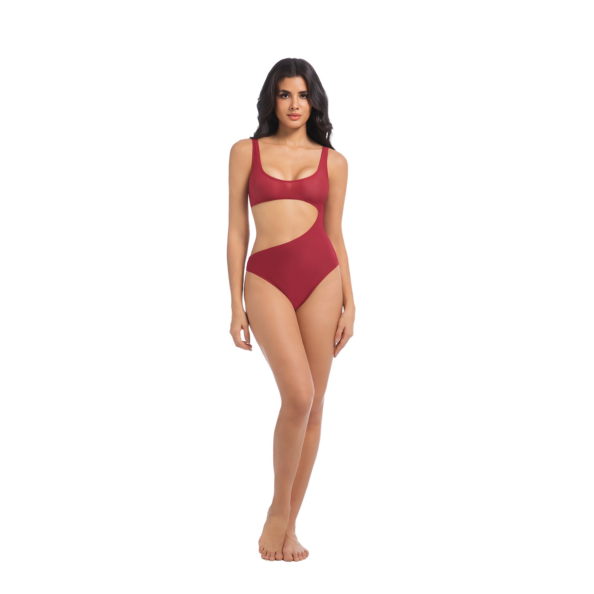 Women's Cherry Red Tan Through One Piece Swimsuit - Asymmetrical Side Cutout Bathing Suit - Minimise Tan Lines UV Permeable Woman Ribbed Tie-Back High Cut Swimwear