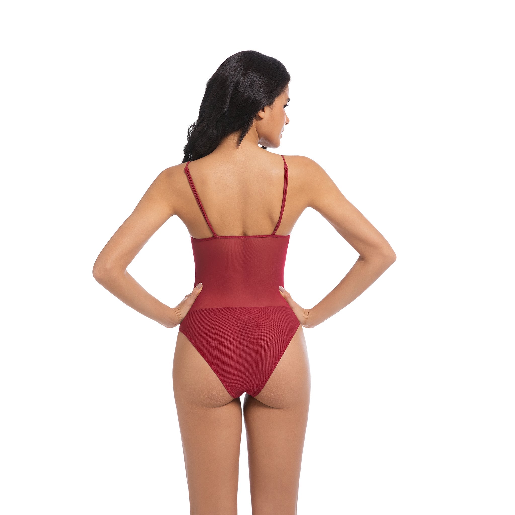 Women's Cherry Red Tan Through One Piece Swimsuit - Sheer Mesh Midriff Bathing Suit - Minimise Tan Lines UV Permeable Woman Ribbed Scoop Neck High Cut Swimwear