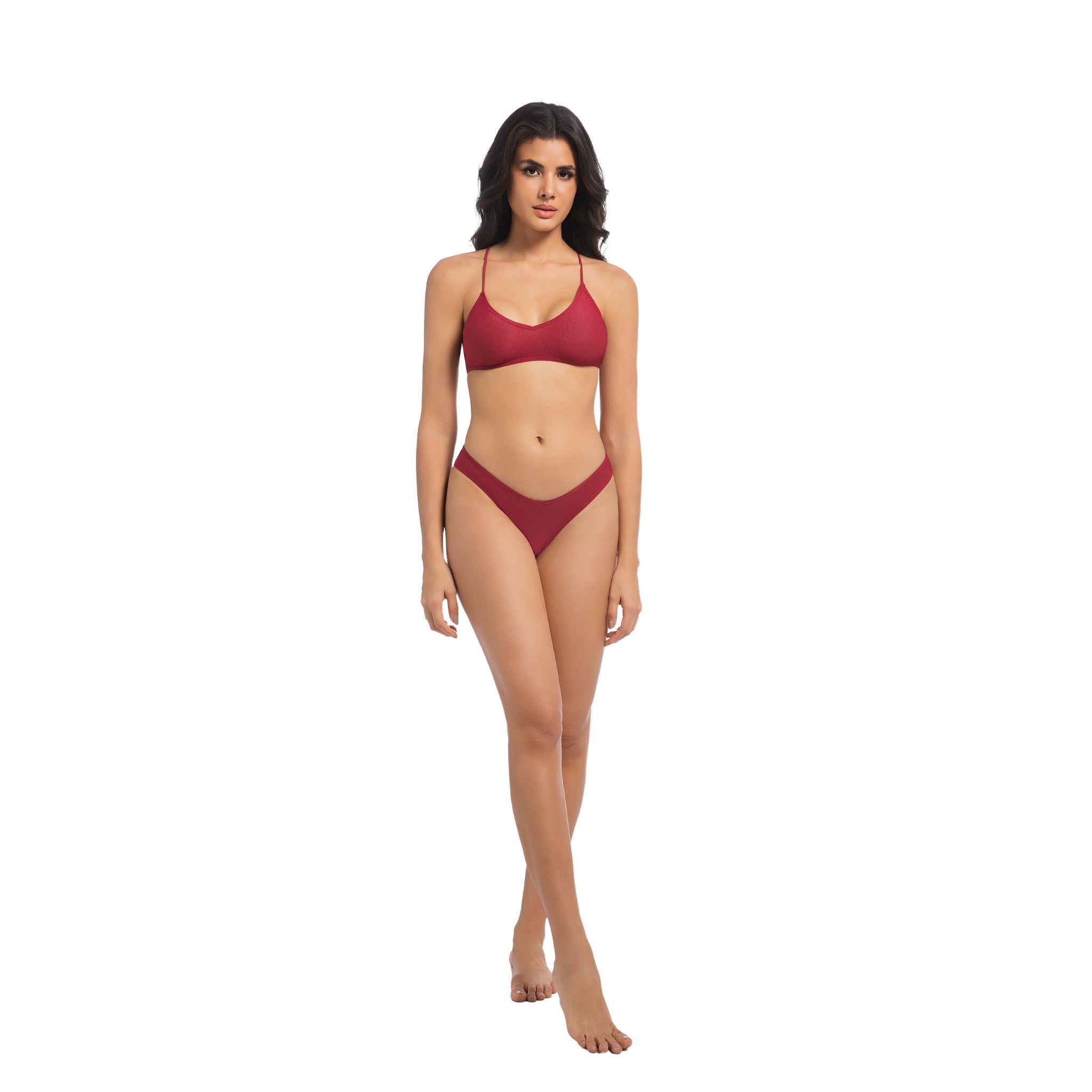 Women's Cherry Red Tan Through Bikini Set - Crisscross Back V-Neck 2-Piece Swimwear - Minimise Tan Lines UV Permeable Woman Ribbed V-Front High Cut Bathing Suit