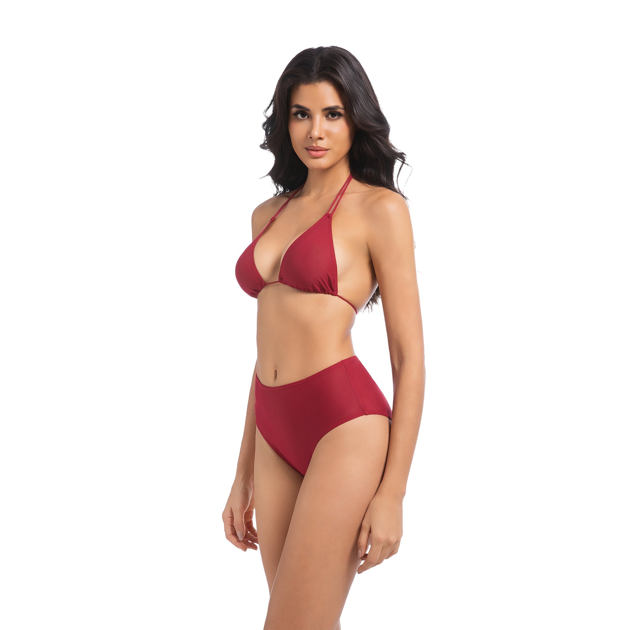 Women's Cherry Red Tan Through Bikini Set - Double Strap Halter 2-Piece Swimwear - Minimise Tan Lines UV Permeable Woman Ribbed High Waisted Bathing Suit