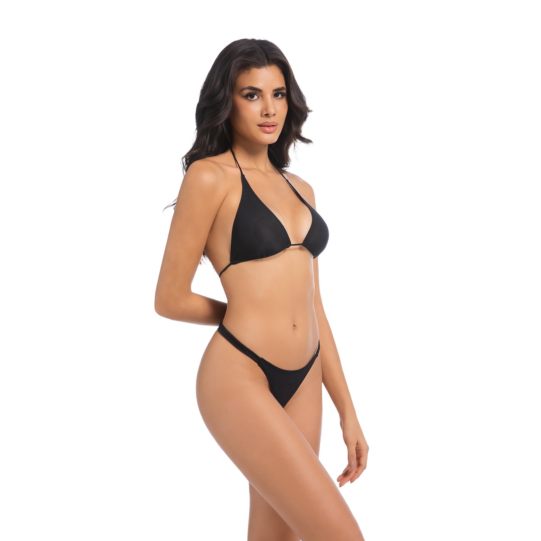 Tan Through Bikini Set - Minimise Tan Lines UV-Permeable Swimsuit - Two Piece Halter Triangle Fixed Bottom Bathing Suit, Onyx Black