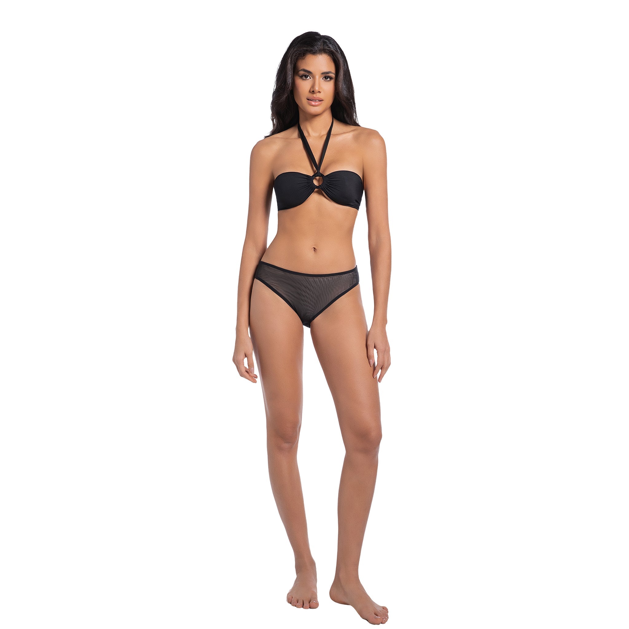 Two Piece Tan Through Bikini Set - Sun Permeable Mesh Swimsuit to Minimise Tan Lines - Breathable Triangle Top & Tie Side Thong, Onyx Black