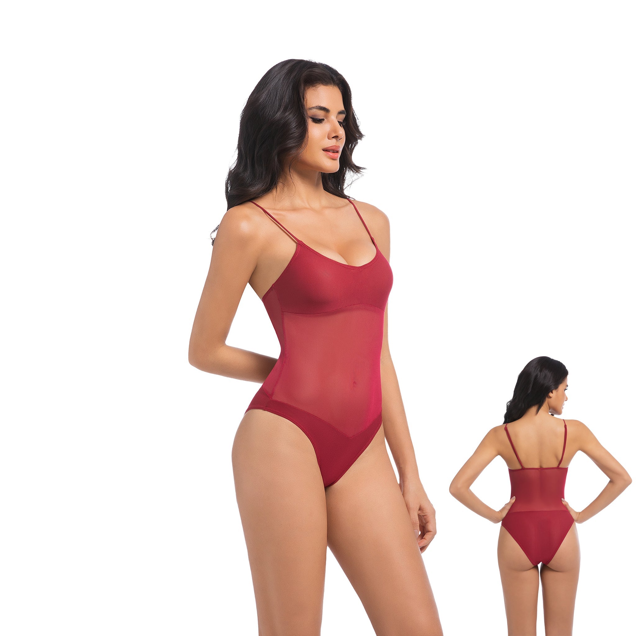 Women's Cherry Red Tan Through One Piece Swimsuit - Sheer Mesh Midriff Bathing Suit - Minimise Tan Lines UV Permeable Woman Ribbed Scoop Neck High Cut Swimwear