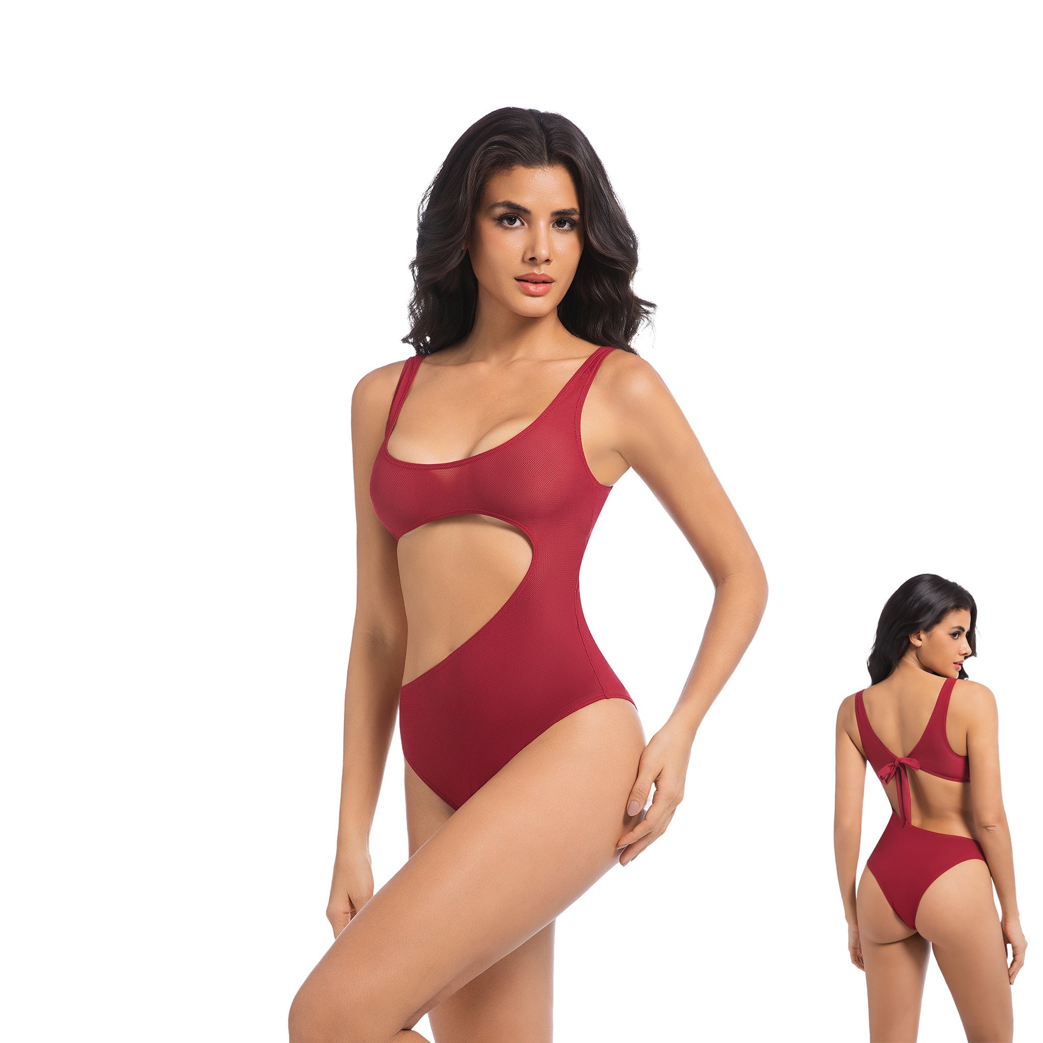 Women's Cherry Red Tan Through One Piece Swimsuit - Asymmetrical Side Cutout Bathing Suit - Minimise Tan Lines UV Permeable Woman Ribbed Tie-Back High Cut Swimwear