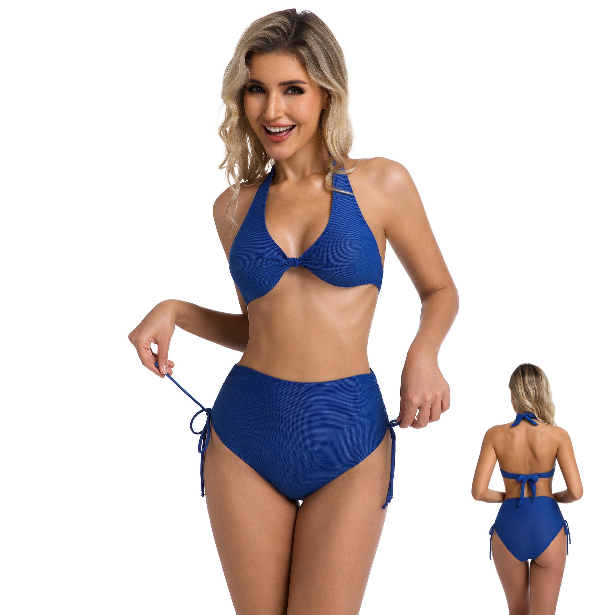 Blue High Waisted Tan Through Bikini Set - Side Tie Adjustable Swimwear - Minimise Tan Lines UV Permeable Front Knot Halter & Ruched Tummy Control Two Piece