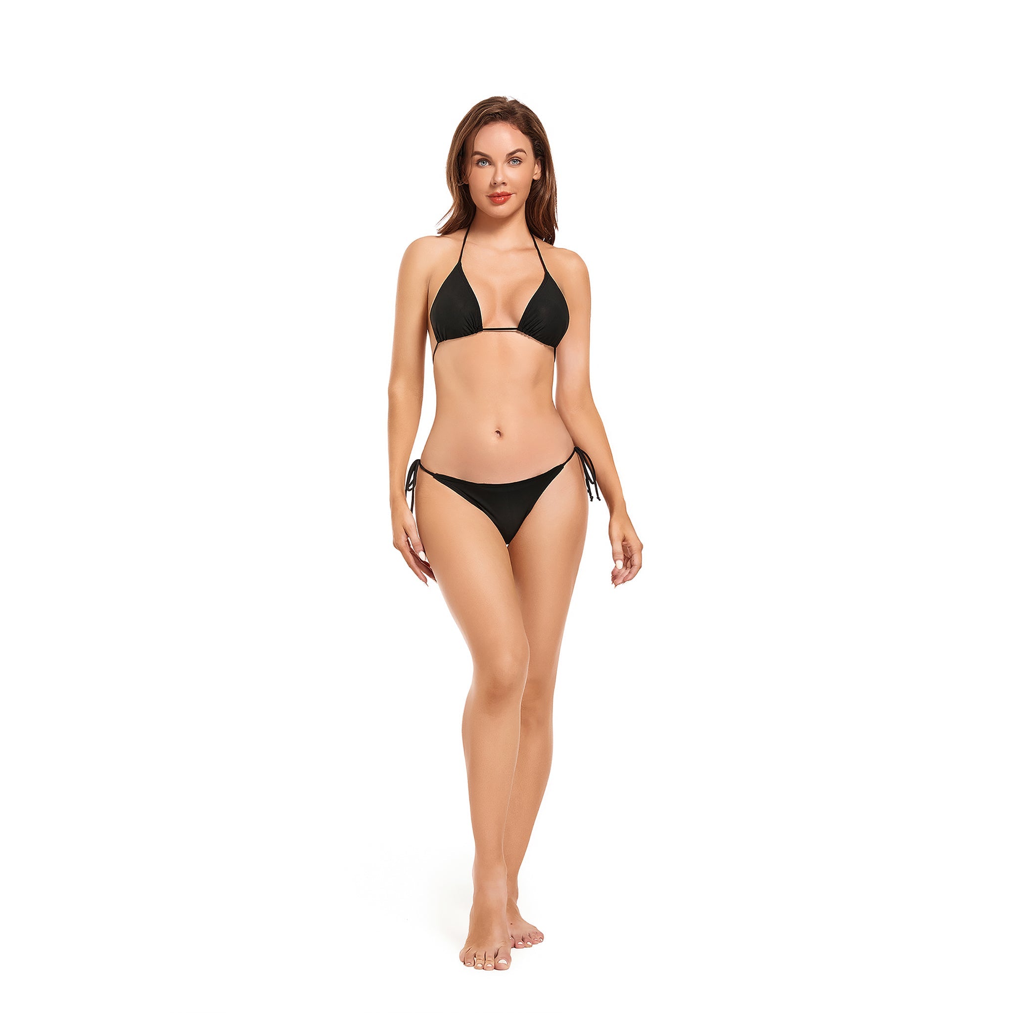 Tan Through Bikini Set Minimise Tan Lines - Sun Permeable Triangle Two Piece Swimsuit - Adjustable Tie Side Halter Neck Bathing Suit, Onyx Black