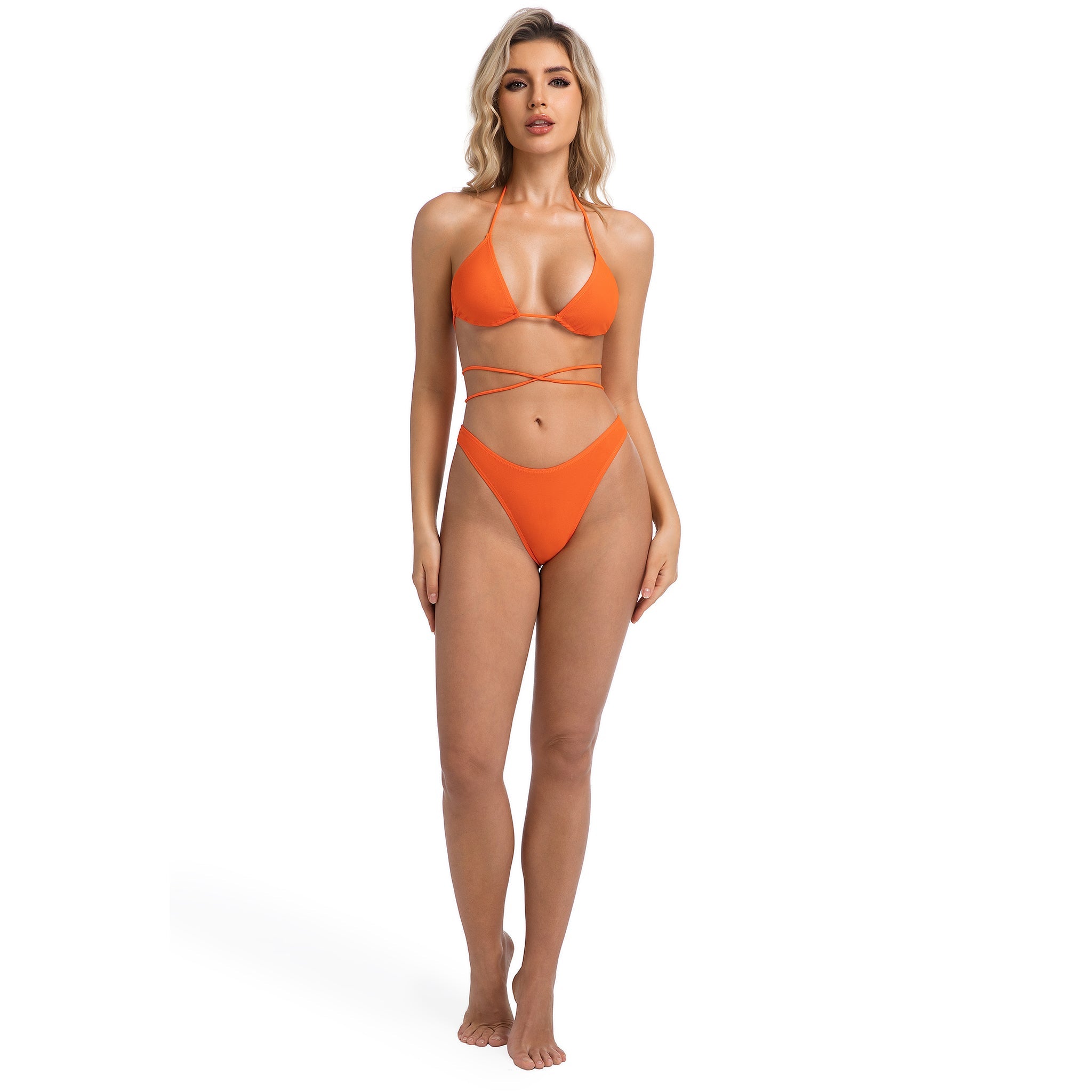 High Leg Mid-Rise Swimsuit for Women - Ribbed Orange Wrap Around Two Piece - Minimise Tan Lines Female Triangle Halter Tan Through Bikini Set