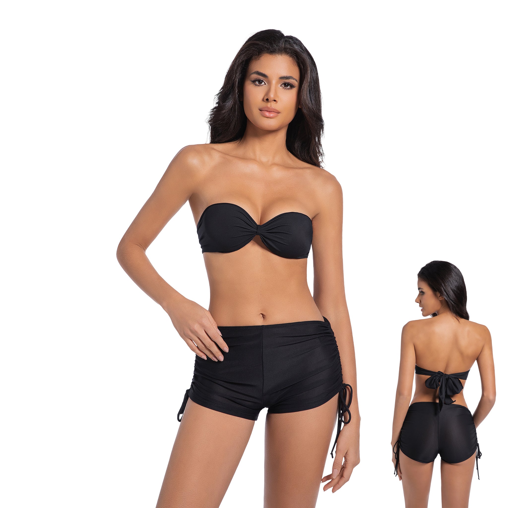 Bandeau Tan Through Bikini Set - Minimise Tan Lines UV-Permeable Two Piece - Strapless Tie Side Boyshort Swimsuit, Onyx Blac