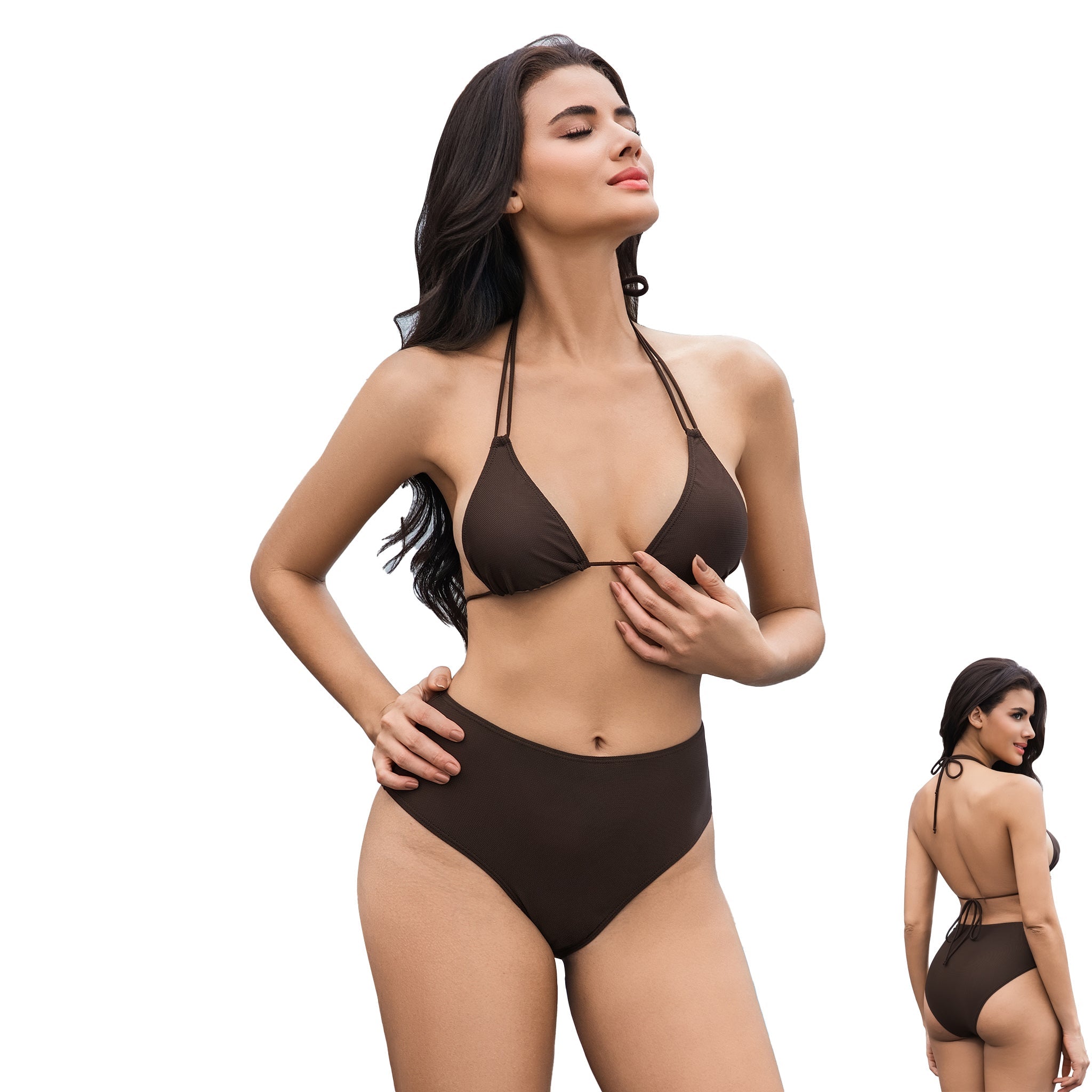 Women's Tan Through High Waisted Bikini Set - Brown Double Strap Halter Swimsuit - Minimise Tan Lines UV Permeable Woman Ribbed 2-Piece Bathing Suit