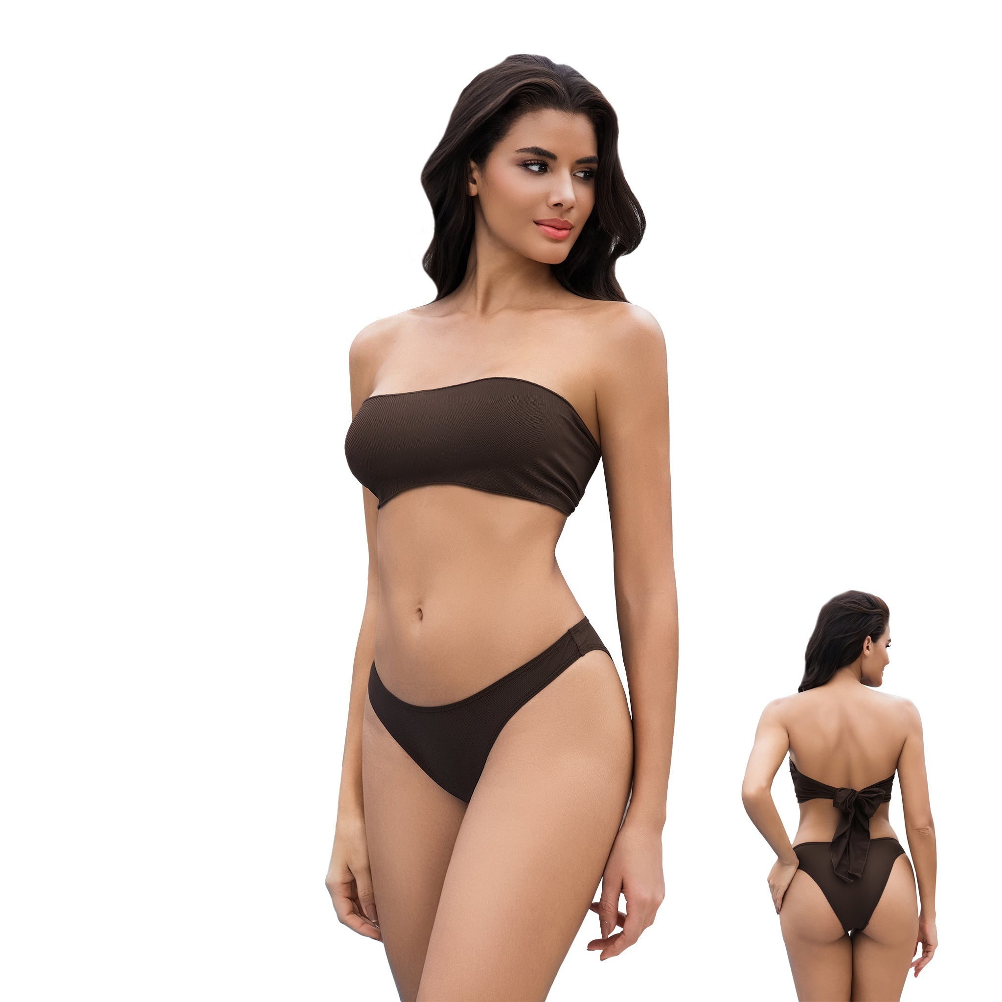 Women's Strapless Tan Through Bikini - Brown Ribbed Bandeau 2-Piece Swimwear - Minimise Tan Lines UV Permeable Woman Bow Tie Back Cheeky Bathing Suit