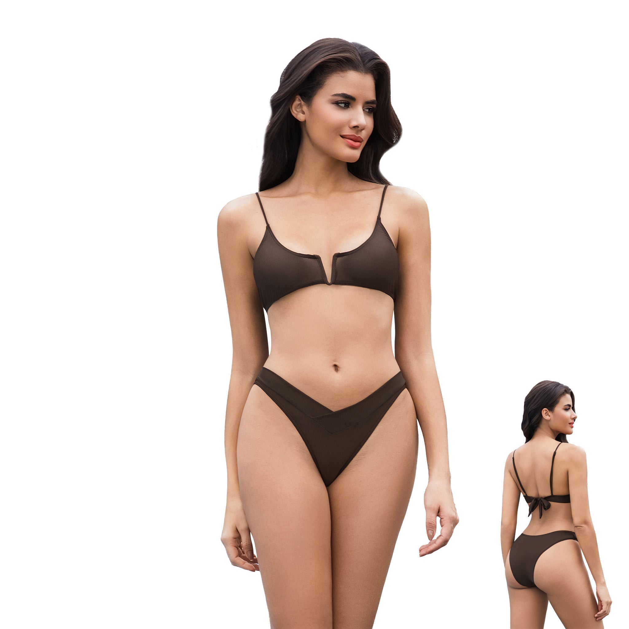 Women's V-Notch Tan Through Bikini - Brown Layered V-Waist 2-Piece Swimwear - Minimise Tan Lines UV Permeable Woman Ribbed Back Bow Tie Bathing Suit