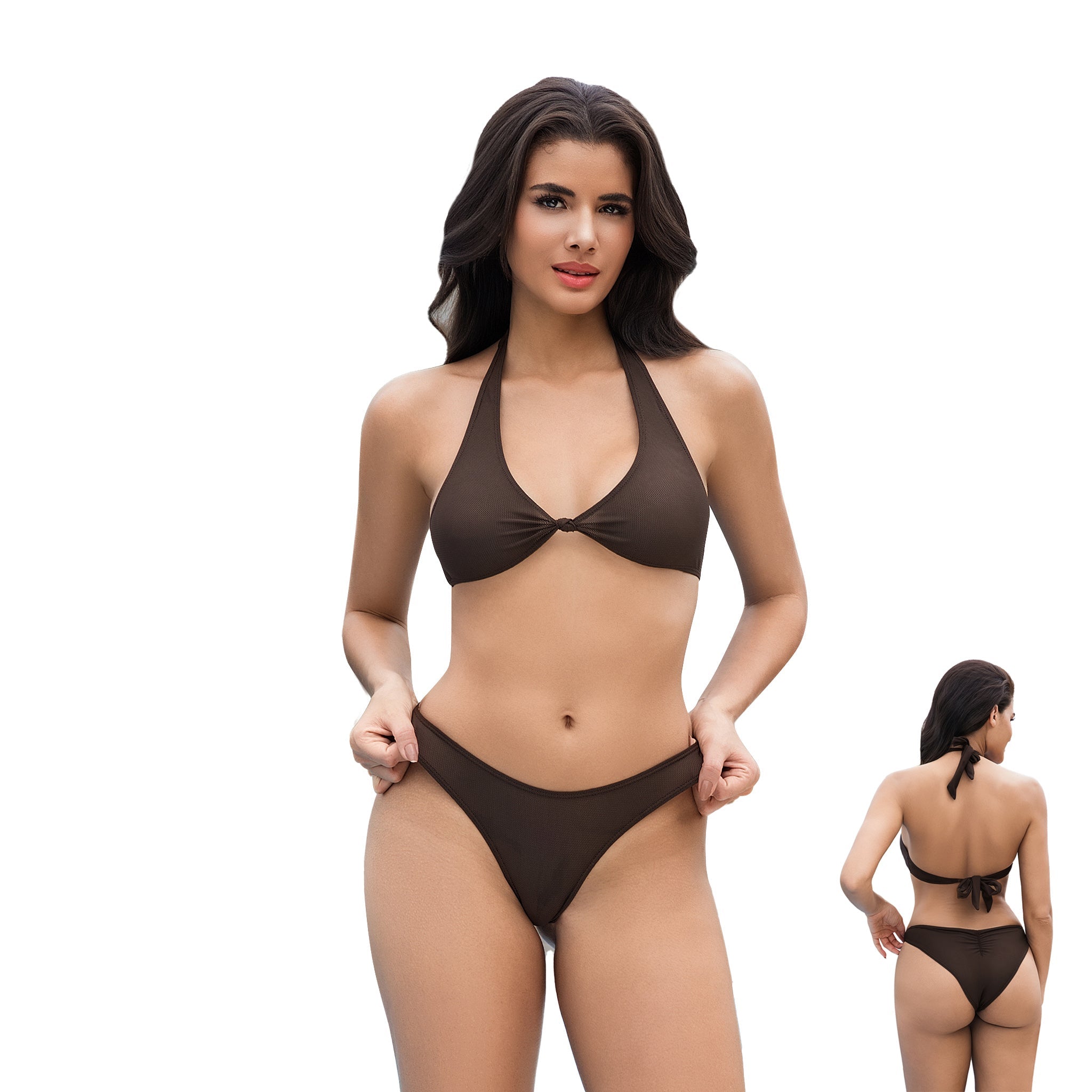 Women's Brown Tan Through Bikini Set - Front Knot Halter 2-Piece Swimwear - Minimise Tan Lines UV Permeable Woman Ruched Back High Cut Bathing Suit
