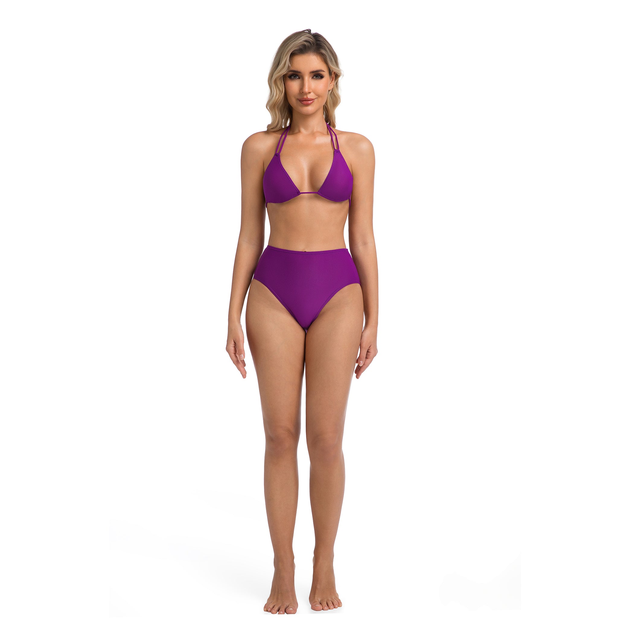 Two-Piece Female Swimsuit High-Waisted Bikini Set for Women Violet - Tan Through Minimise Tan Lines Double Strap Halter Top - Textured Ribbed High-Cut Bottom Woman's Purple Bathing Suit